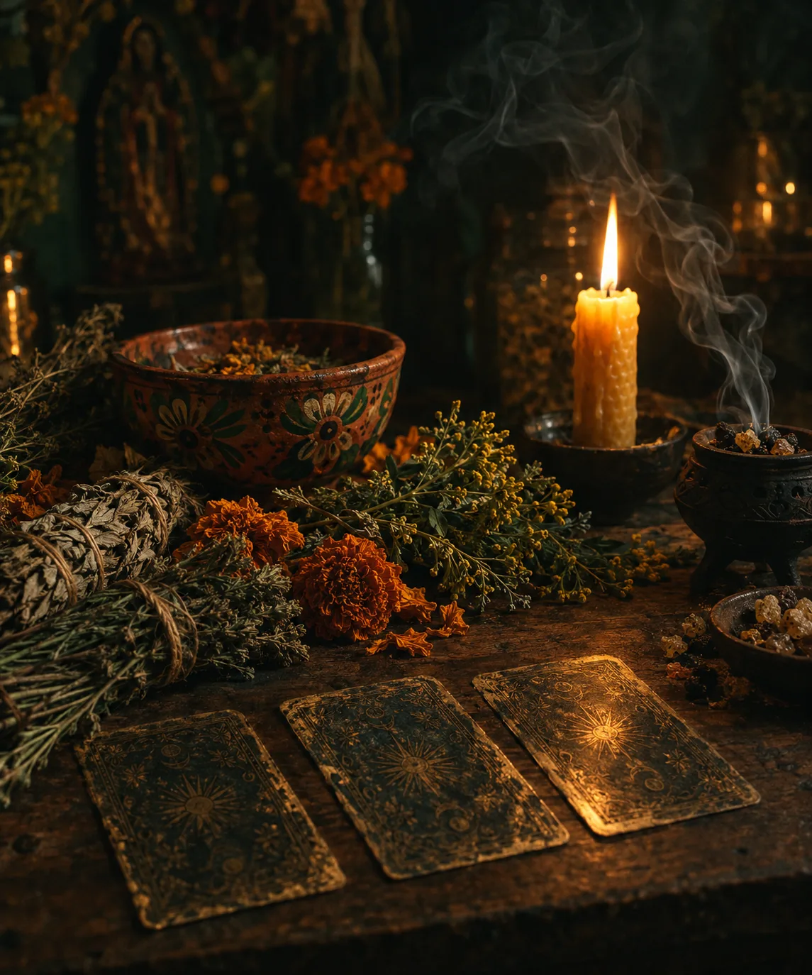 Candlelit table with bundles of dried herbs, a painted clay bowl, marigolds and three tarot cards