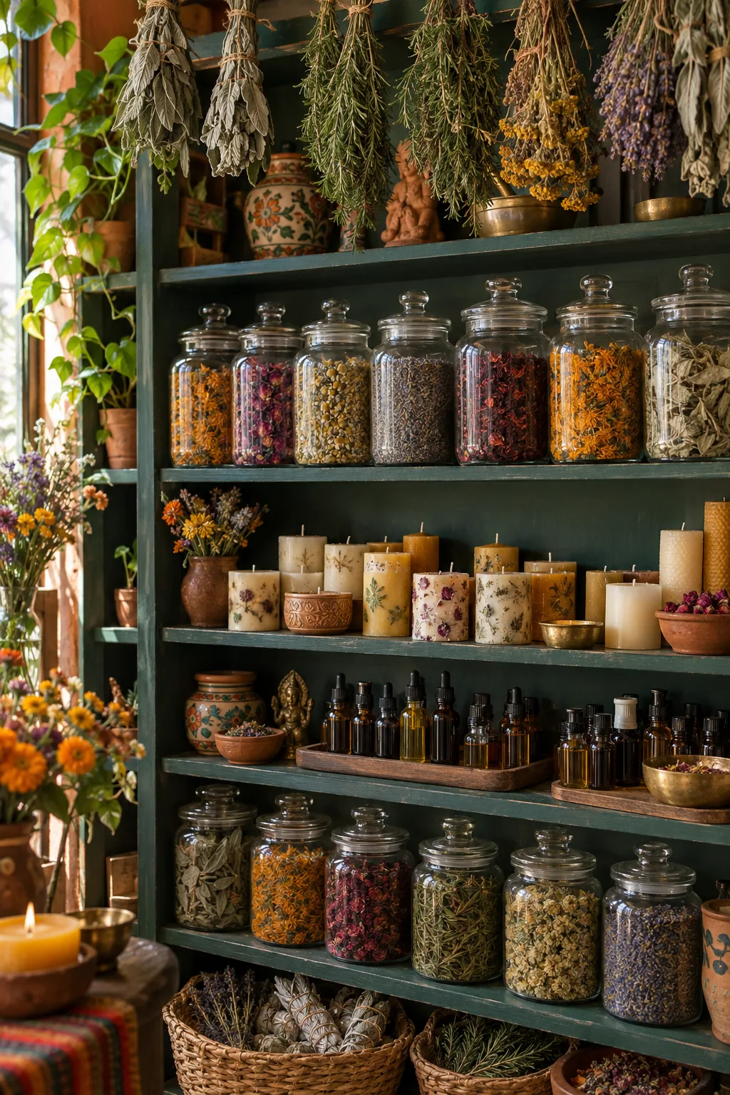 Wooden shelves lined with glass jars of dried herbs, hand-poured candles and small bottles of oil